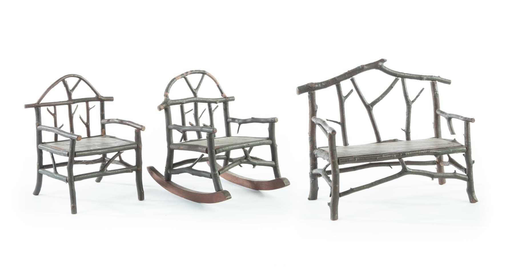 Appraisal: THREE-PIECE SET OF AMERICAN DOLL ADIRONDACK FURNITURE Early th century