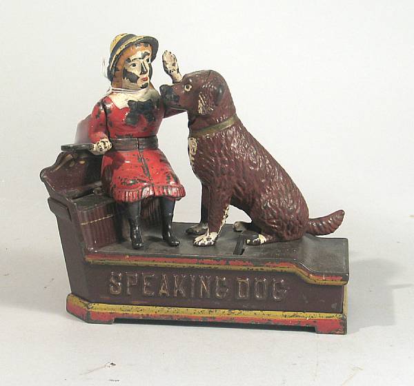 Appraisal: Cast Iron Speaking Dog Bank Shepard Hardware patented depicts dog