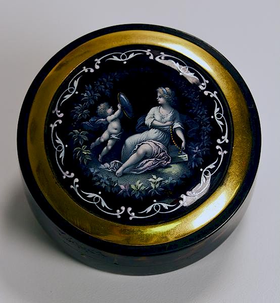 Appraisal: th C tortoise snuff box with Limoges enamel inset plaque