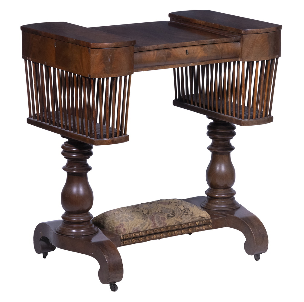 Appraisal: CLASSICAL MAHOGANY WORK TABLE th c Flame Mahogany Sewing and