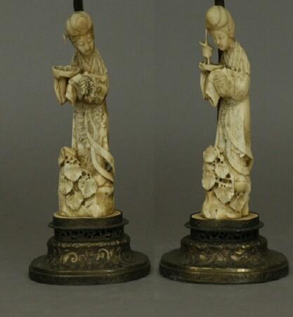 Appraisal: Pair of Chinese Carved Ivory Female Figures Mounted as Lamps