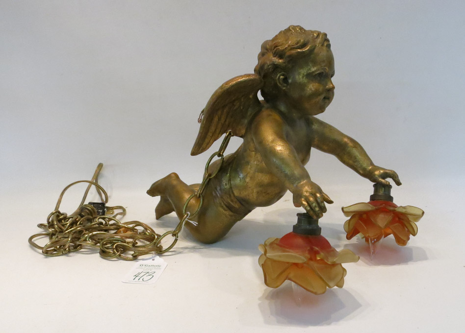 Appraisal: GILT METAL HANGING CHERUB CEILING FIXTURE the cherub holding a