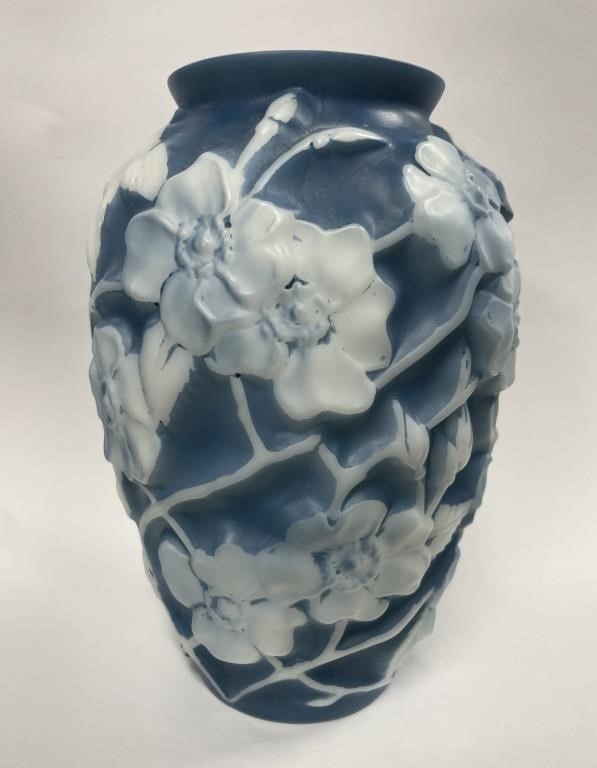 Appraisal: Tall phoenix glass vase wild rose blue measures inches tall