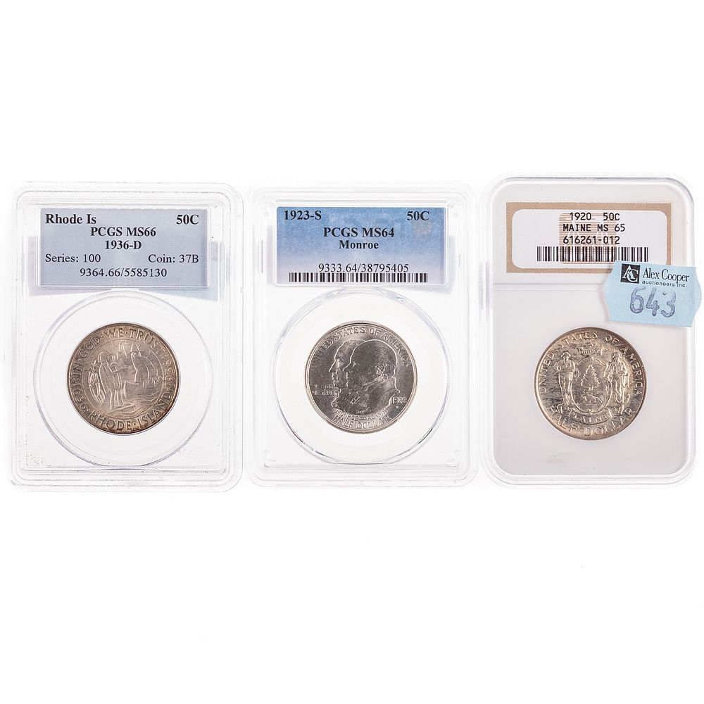 Appraisal: Three Mint State Commemorative Halves Maine NGC MS- - fully