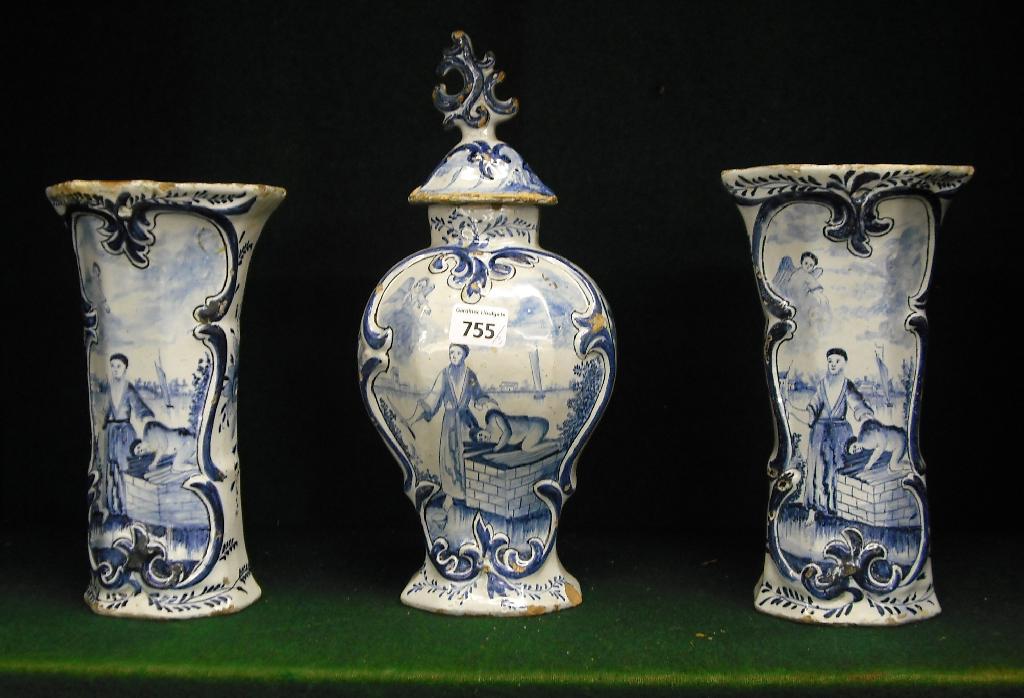 Appraisal: th century Delft garniture depicting the sacrifice of Abraham within