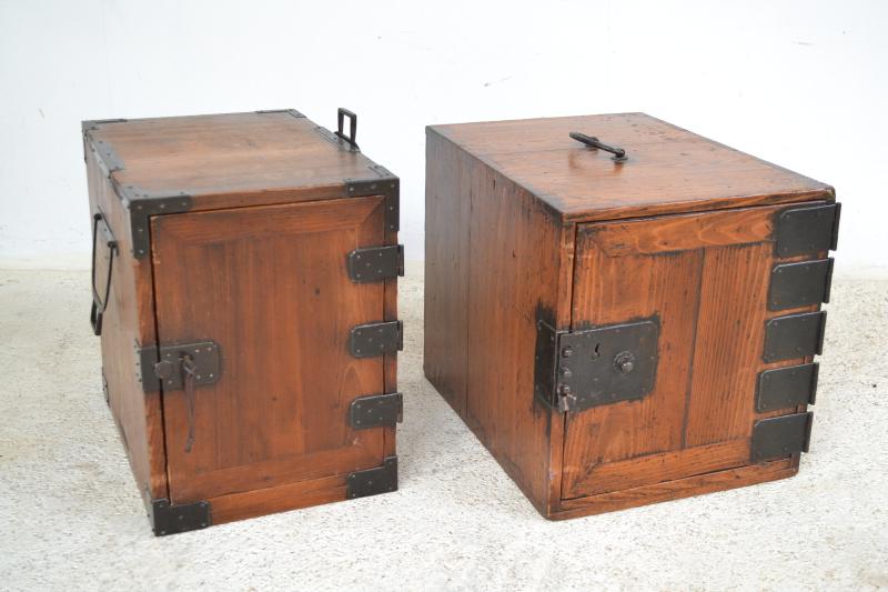 Appraisal: TWO SIMILAR SMALL JAPANESE CAMPAIGN STYLE CHESTS WITH IRON FITTINGS