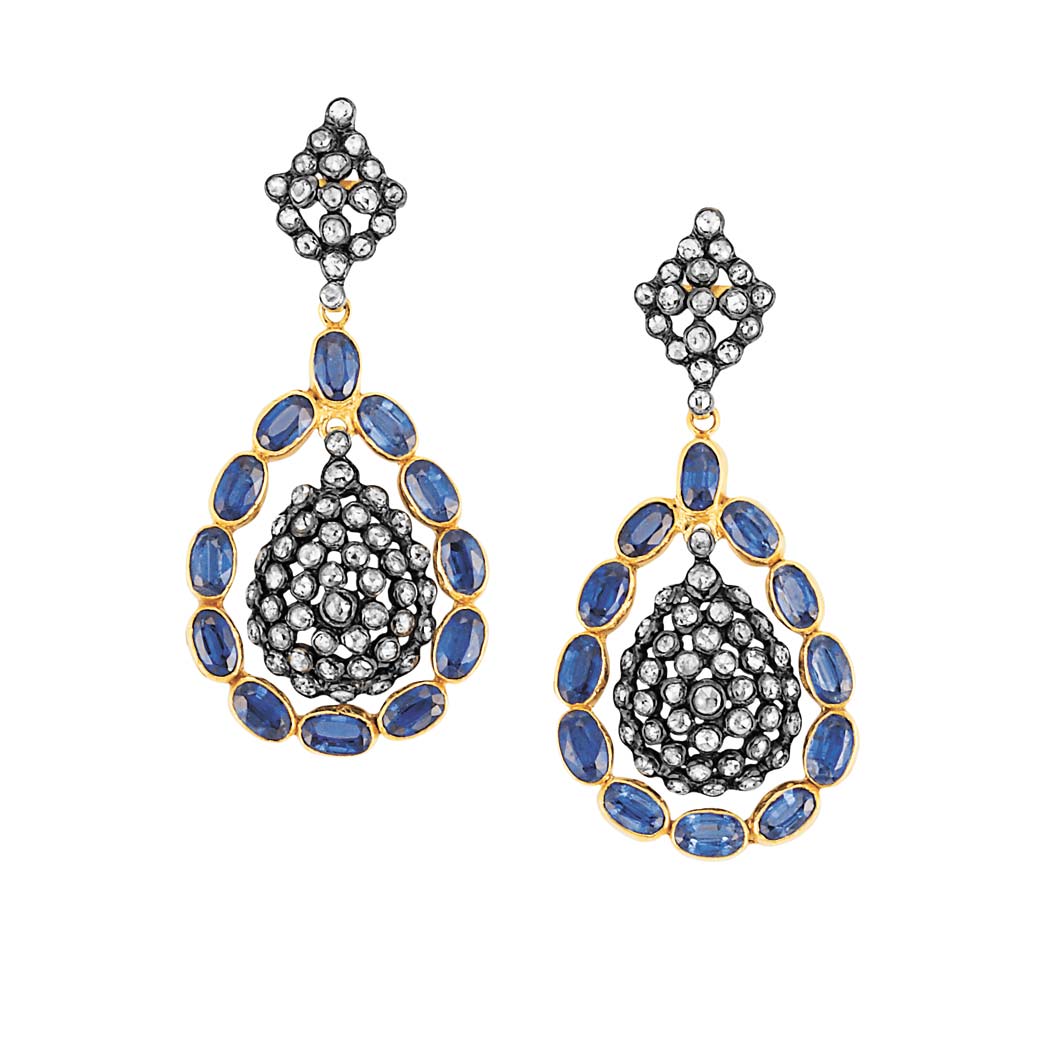 Appraisal: Pair of Gold Silver Sapphire and Diamond Pendant-Earrings kt oval