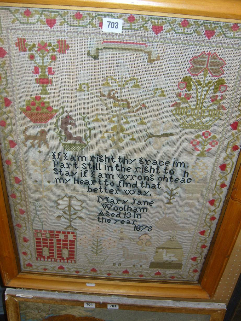 Appraisal: A Victorian needlework sampler by Mary Jane Woolham aged in