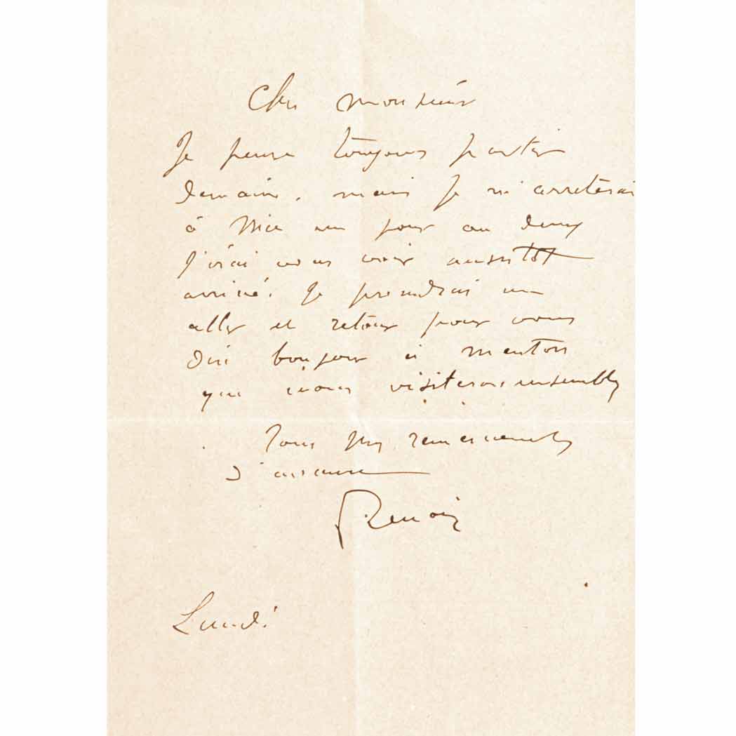 Appraisal: RENOIR PIERRE AUGUSTE Autograph letter signed Renoir single page ink