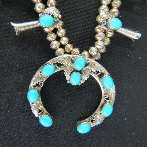 Appraisal: Navajo Squash Blossom Necklace rich blue turquoise signed B Francisco