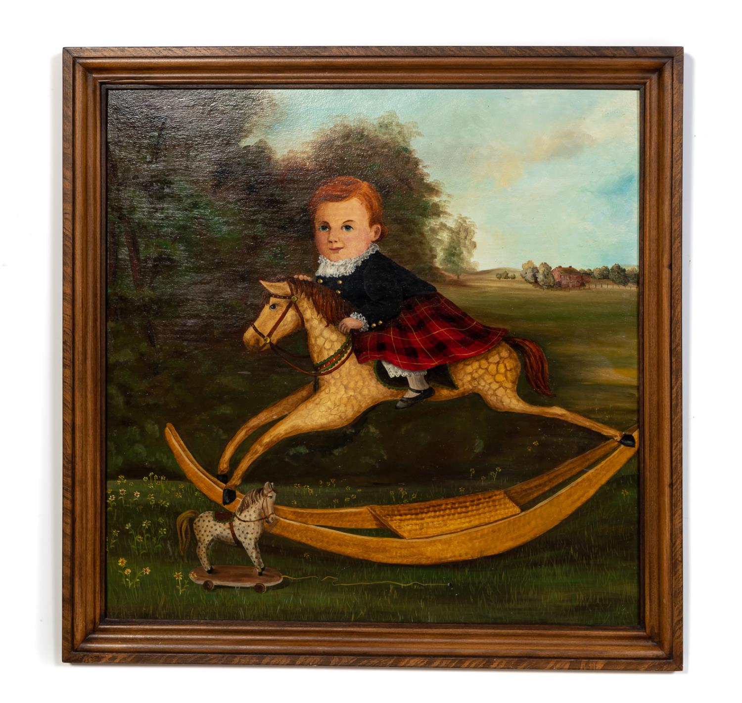 Appraisal: FOLK ART OIL BOY WEARING KILT ON ROCKING HORSE North