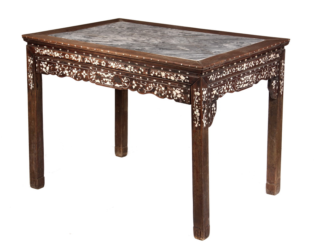 Appraisal: CHINESE TABLE - Exotoc hardwood stone top table with mother-of-pearl