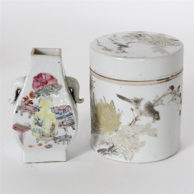 Appraisal: Chinese Famille Rose Hand-Painted porcelain vase and tea caddy canister