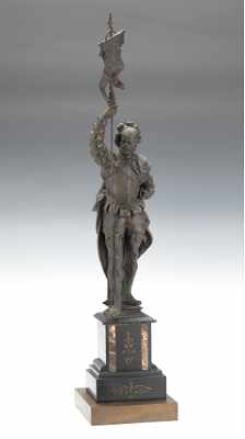 Appraisal: A Spelter Sculpture of a Conquistador The charcoal metal figure