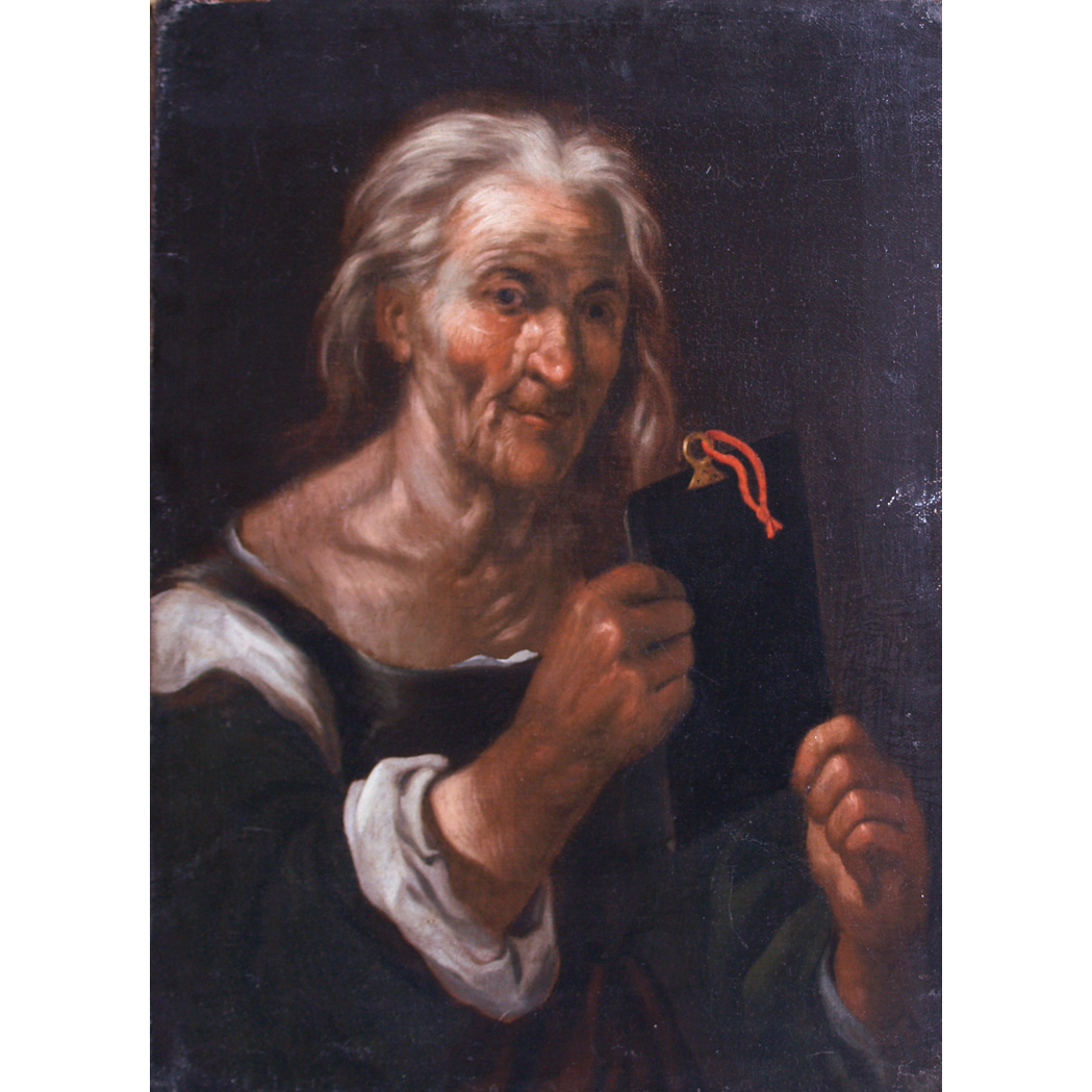 Appraisal: School of Gennaro Amoroso Old Woman Holding a Tablet Oil