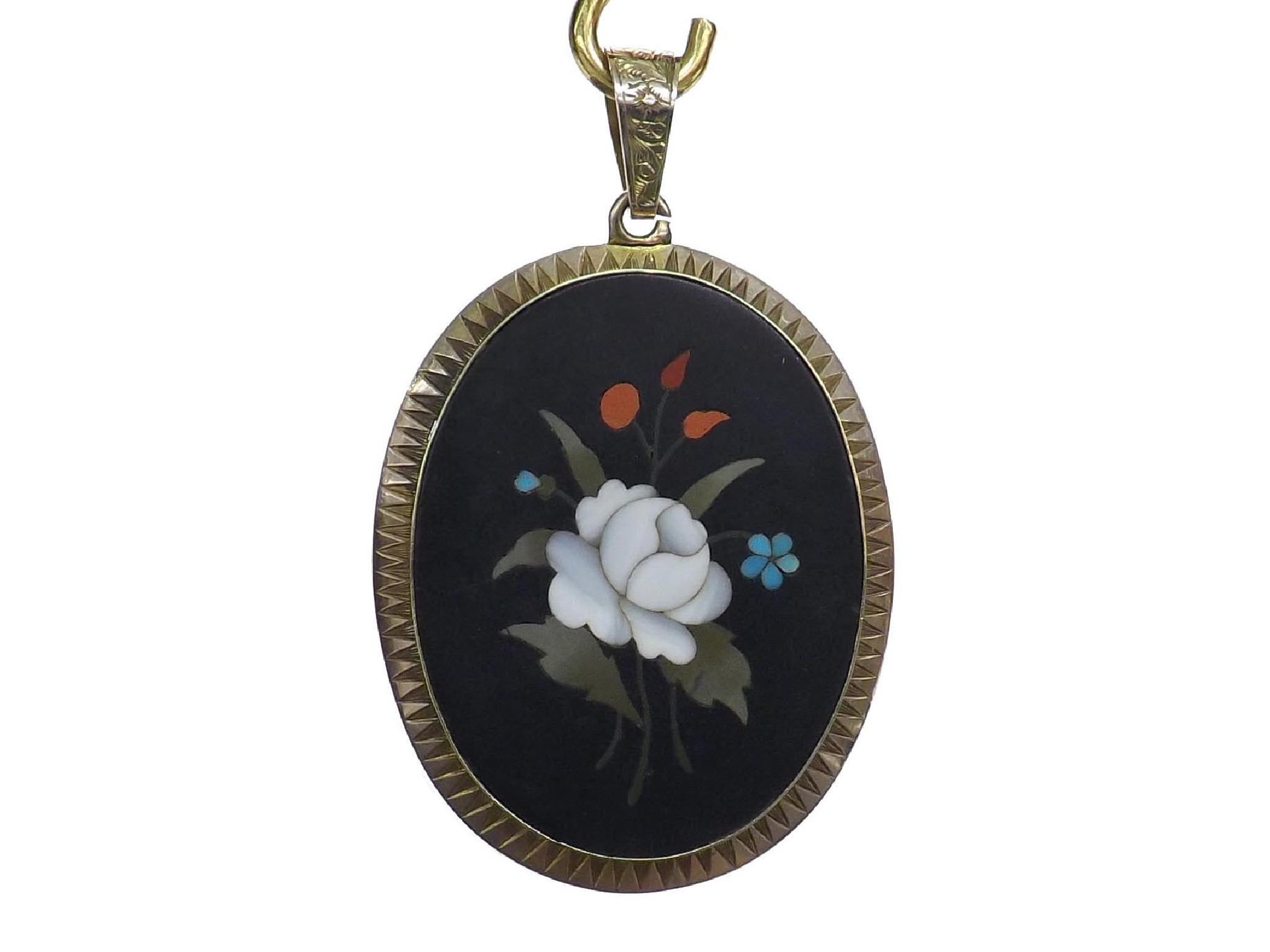 Appraisal: Pietra dura floral oval pendant in a yellow gold mount