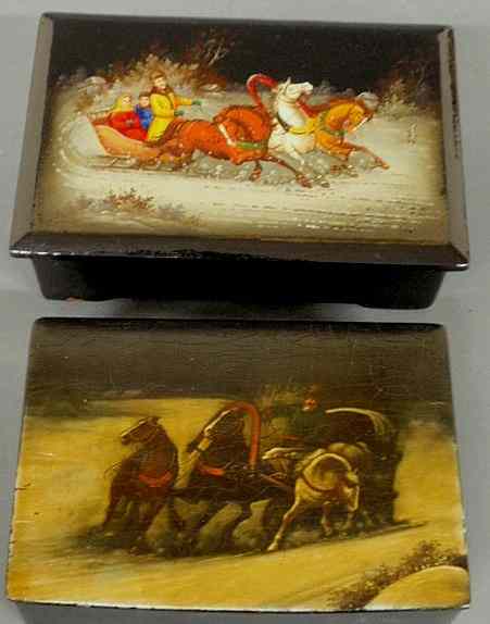 Appraisal: Two th c Russian lacquerware boxes each decorated with three