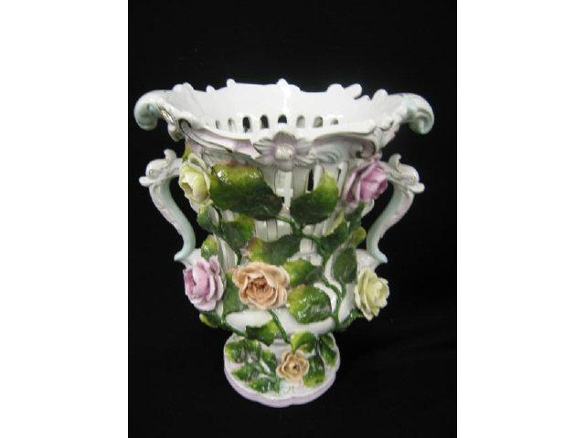 Appraisal: Sitzendorf Porcelain Vase basket style openwork with elaborate applied flowering