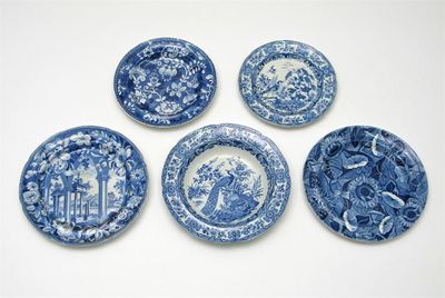 Appraisal: Five blue and white plates or dishes variously printed with