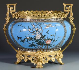 Appraisal: French Chinoiserie Enamel Jardiniere w Bronze Mounts French 'Chinoiserie' bronze-mounted