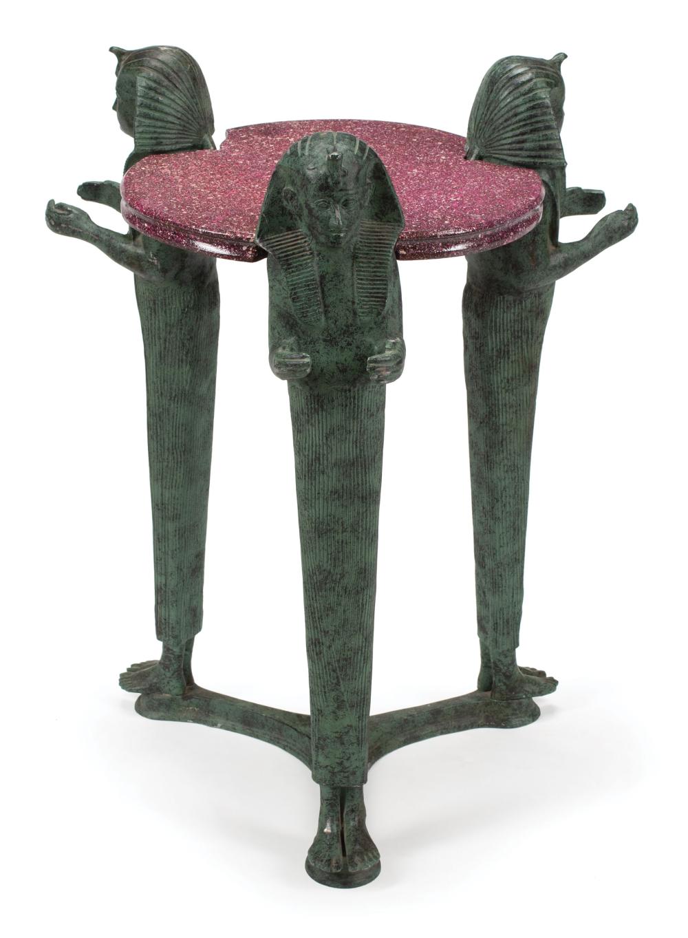 Appraisal: Decorative Egyptianesque Verdigris Patinated Bronze Table faux porphyry top three