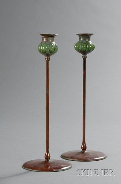 Appraisal: Pair of Tall Candlesticks Patinated bronze and glass th century