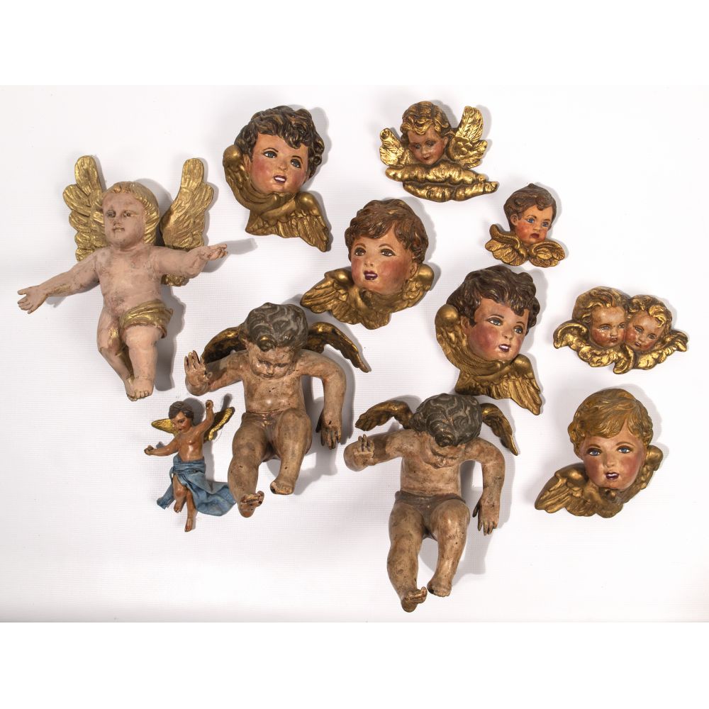 Appraisal: WOOD AND PLASTER CHERUB ASSORTMENT items including heads and full