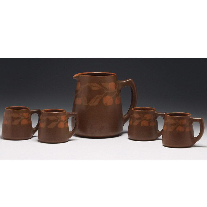 Appraisal: Unusual Walrath Pottery cider set pitcher and four mugs brown