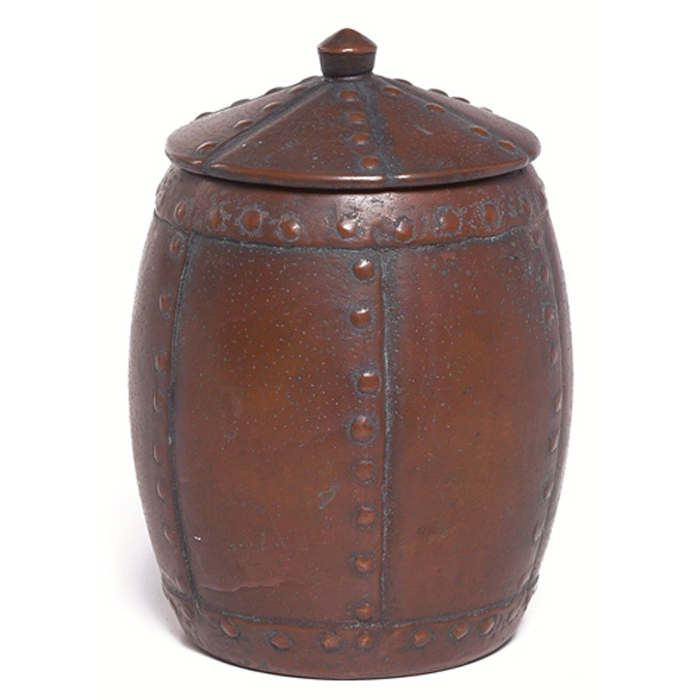 Appraisal: Unusual Clewell covered vessel copper-clad pottery barrel shape with rivets