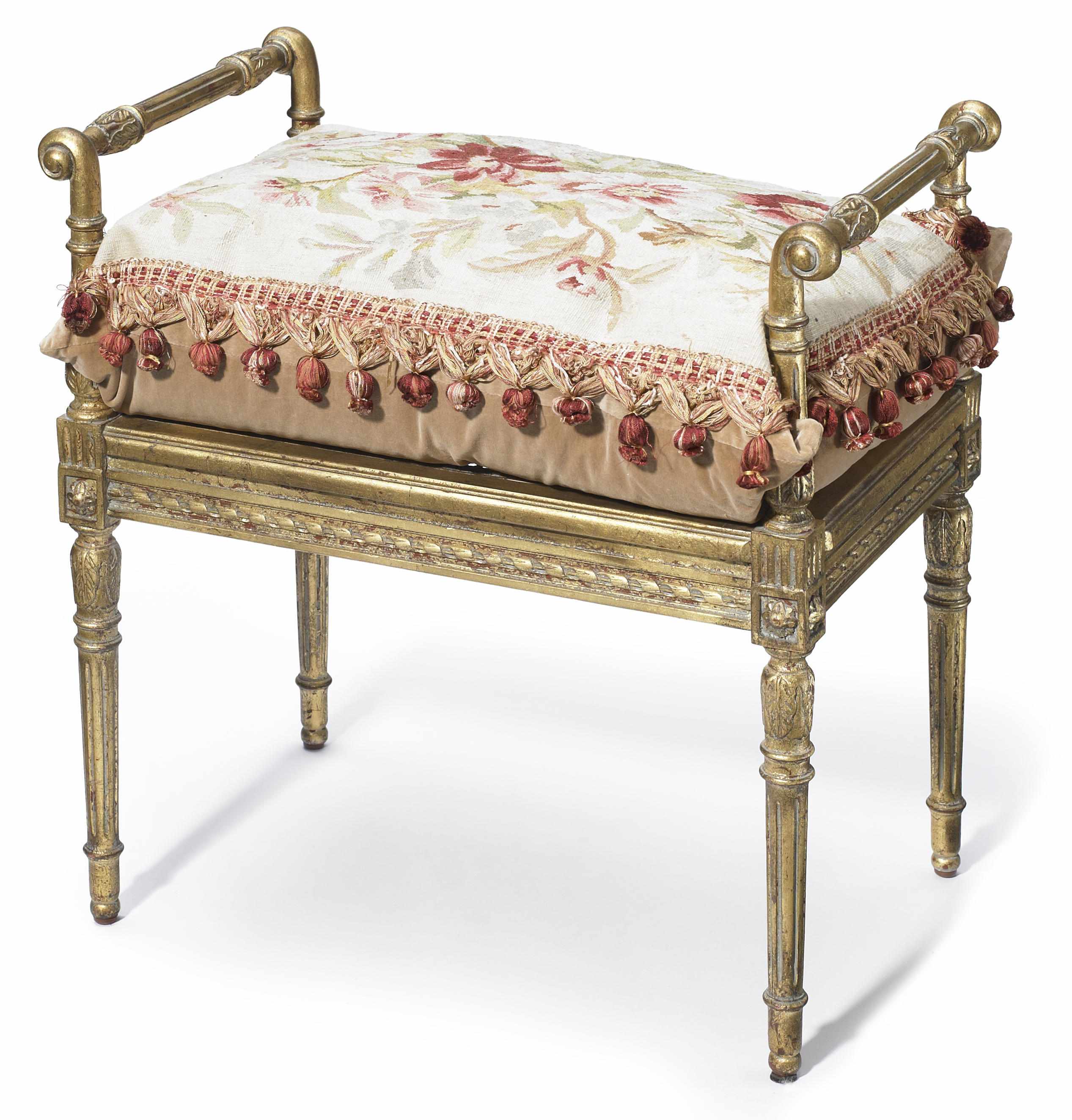 Appraisal: A Louis XVI style giltwood stool With loose embroidered cushion