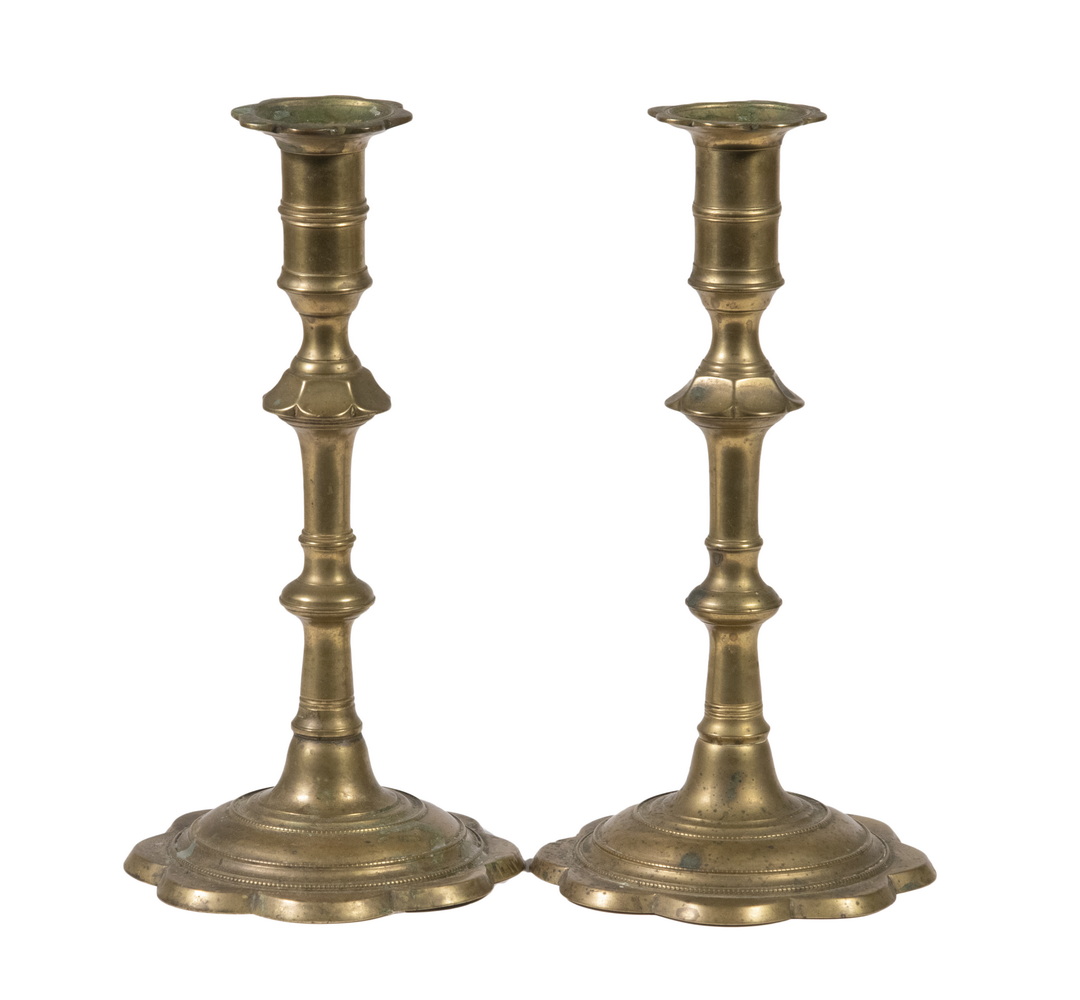 Appraisal: PR QUEEN ANNE BRASS CANDLESTICKS Pair of th c Petal