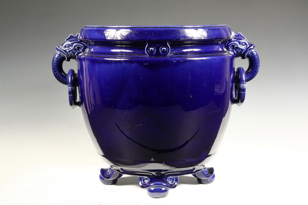 Appraisal: ENGLISH JARDINIERE - Minton Cobalt Blue Glazed Chinoiserie Footed Jardiniere