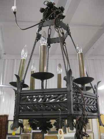 Appraisal: Wrought Iron Hanging Fixture fancymetalwork six light