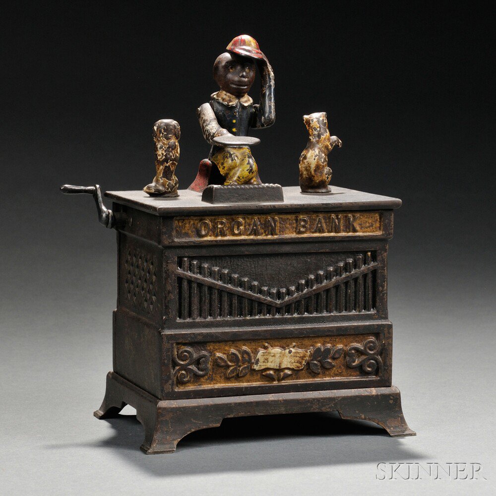 Appraisal: Painted Cast Iron Mechanical Dog and Cat Organ Bank Bank