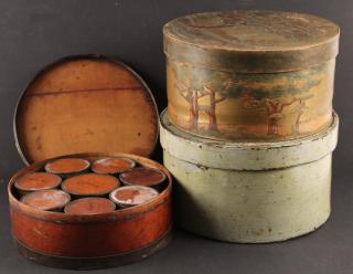 Appraisal: EARLY WOODEN BOXES Group of th c Round Wooden Boxes