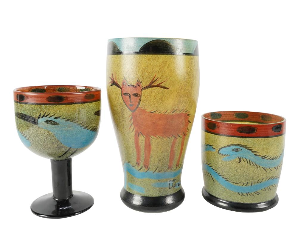 Appraisal: THREE KOSTA BODA PAINTED GLASS VASESeach with Kosta Boda printed