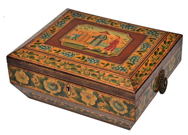 Appraisal: A REGENCY PAINTED SARCOPHAGUS BOX with hinged rising lid and