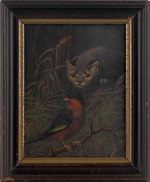 Appraisal: Oil on canvas painting th c depicting a cat stalking