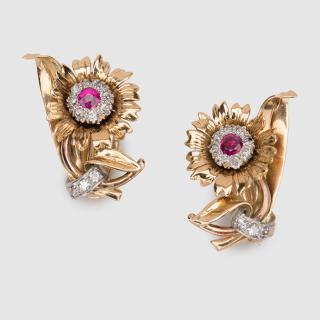 Appraisal: K Tricolor Gold Ruby and Diamond Earclips K Tricolor Gold