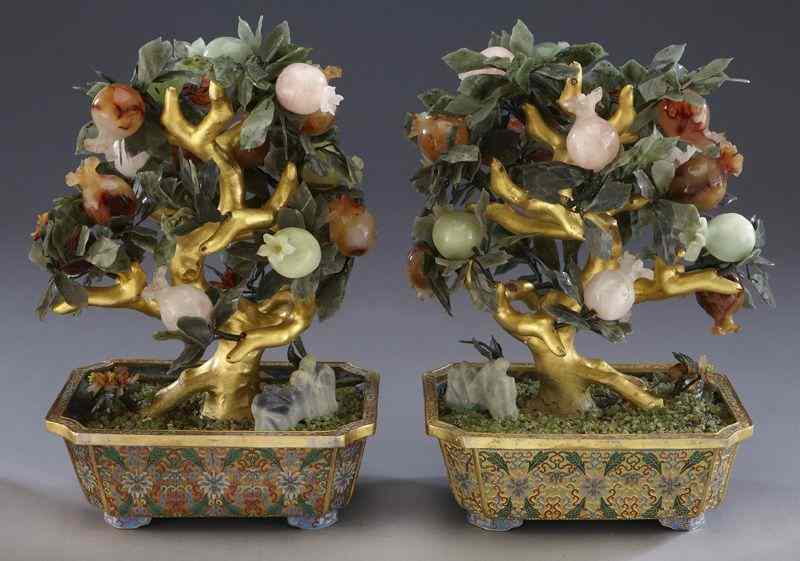 Appraisal: Pr Chinese hard stone trees on cloisonne bases comprised of