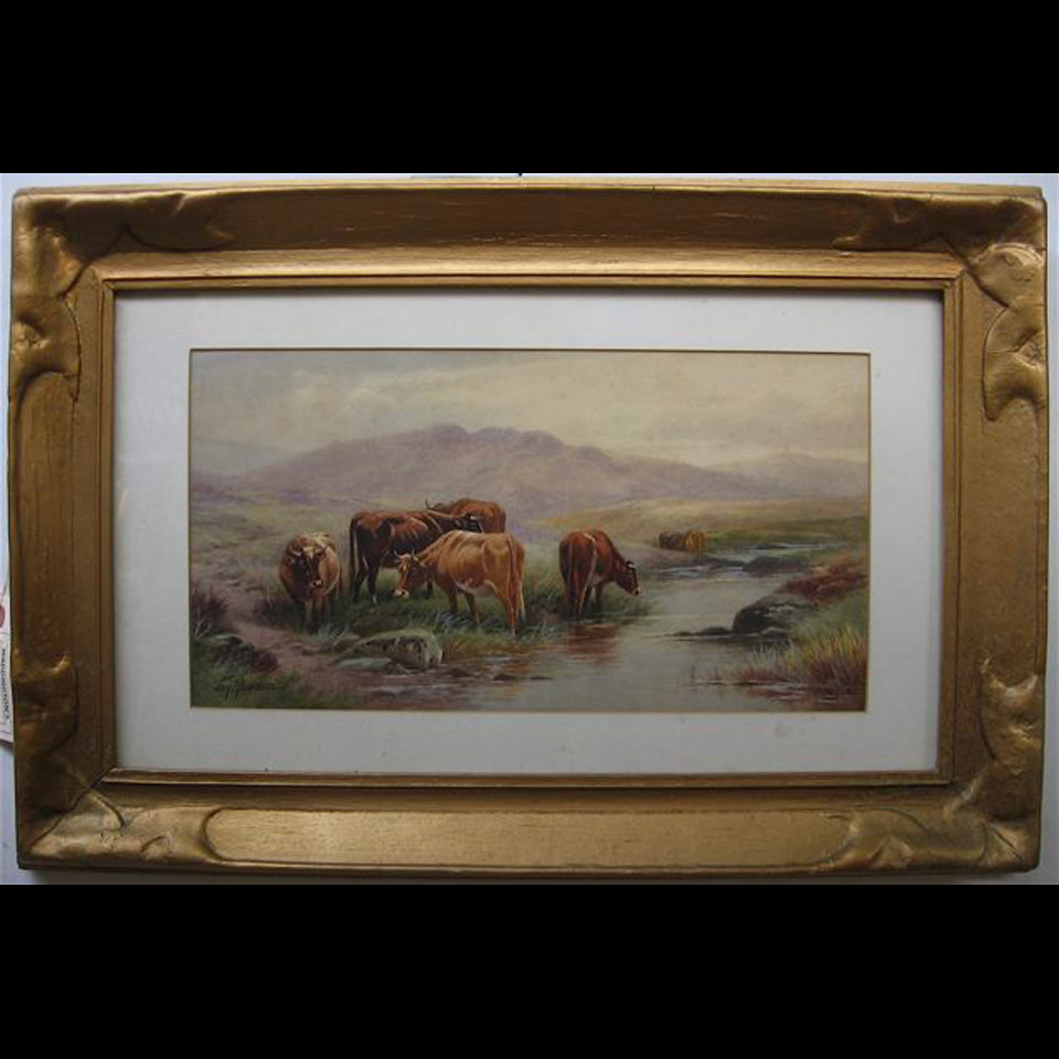 Appraisal: TOM ROWDEN - BRITISH HIGHLAND CATTLE BY CREEK WATERCOLOUR SIGNED