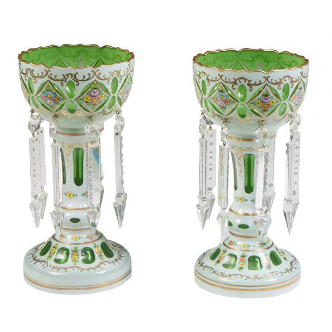 Appraisal: Pair of Green Bohemian Glass Cut-to-Clear Lusters th c with