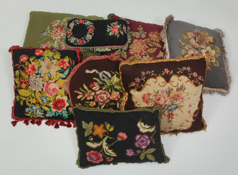 Appraisal: Group of Eight Floral Needlework Pillows Largest x in Estimate