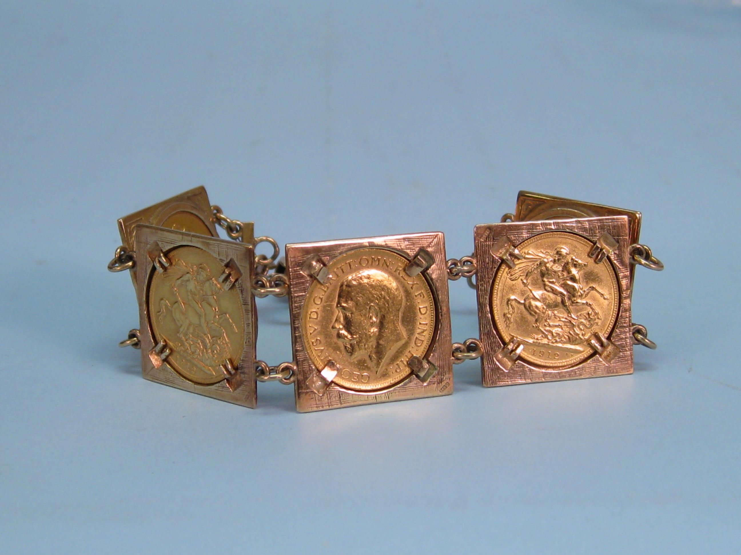 Appraisal: A ct gold Bracelet set five sovereigns x engraved padlock