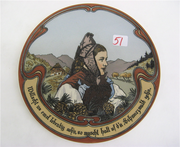 Appraisal: METTLACH ETCHED PLAQUE no Black forest landscape with portrait of