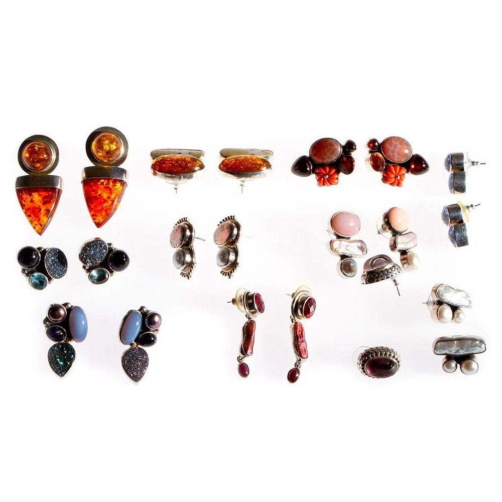 Appraisal: Stone-set silver earrings Amy Katherine Russell pairs including amber pearl