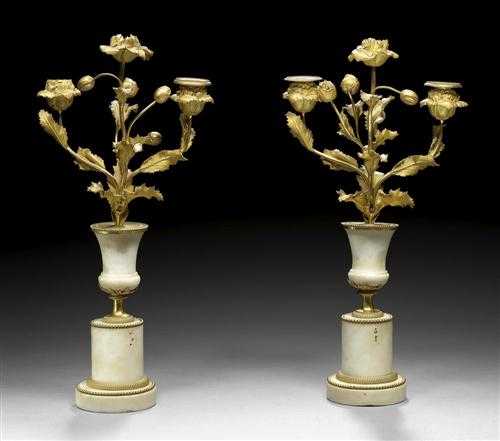 Appraisal: PAIR OF WHITE MARBLE AND GILT BRONZE CANDELABRAS Louis XVI