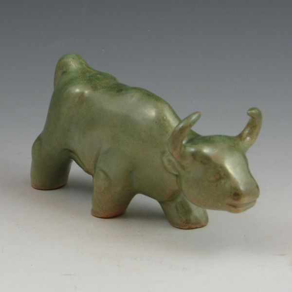 Appraisal: Shearwater bull figurine in green rutile glaze Marked SP Mint