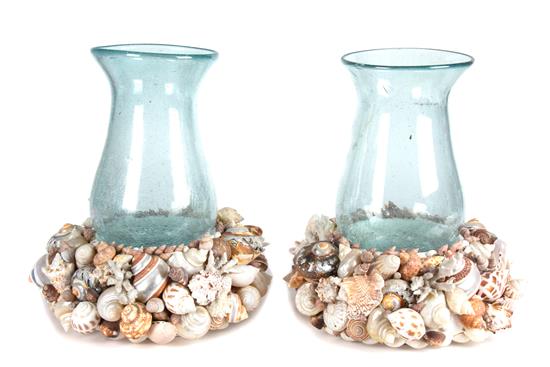 Appraisal: Sale Lot A Pair of Shell Encrusted Hurricane Lamps Height