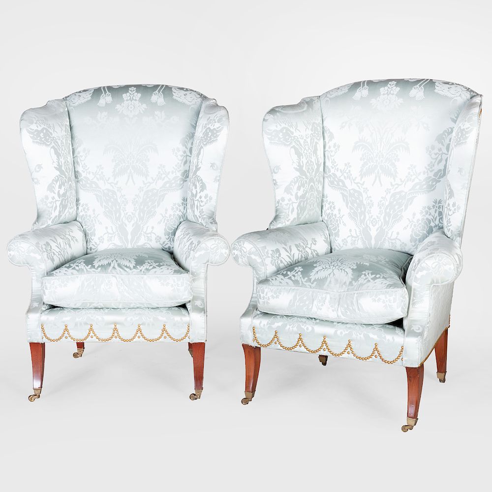 Appraisal: Pair of George III Style Mahogany Wing Chairs Each upholstered